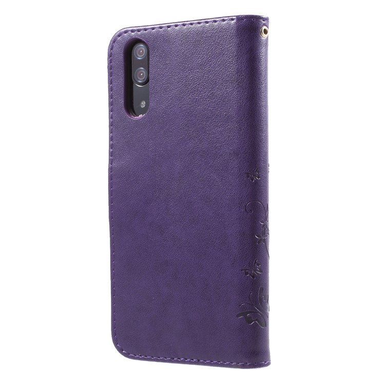 Imprint Flower Butterfly Pattern Wallet Leather Magnetic Folio Casing for Huawei P20 - Dark Purple-2