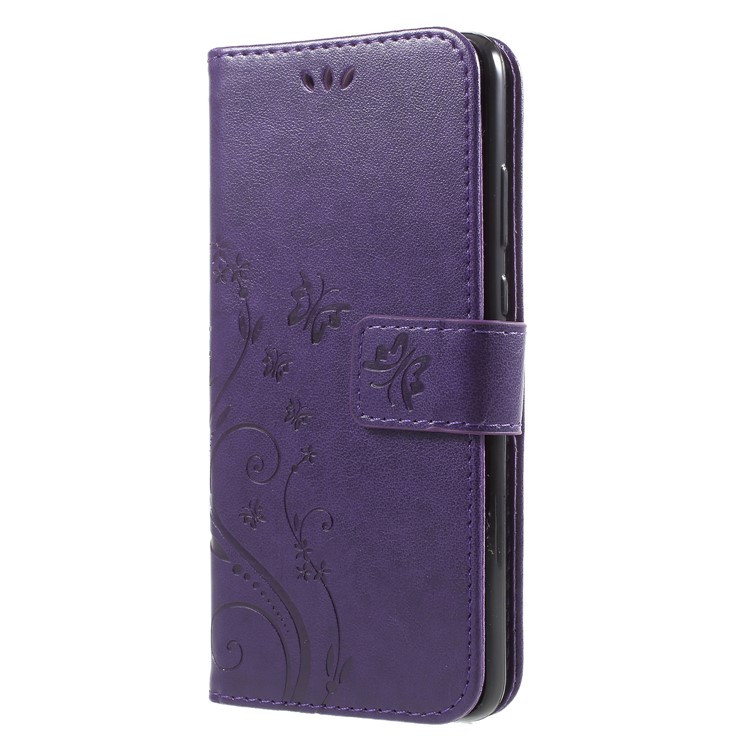 Imprint Flower Butterfly Pattern Wallet Leather Magnetic Folio Casing for Huawei P20 - Dark Purple-3