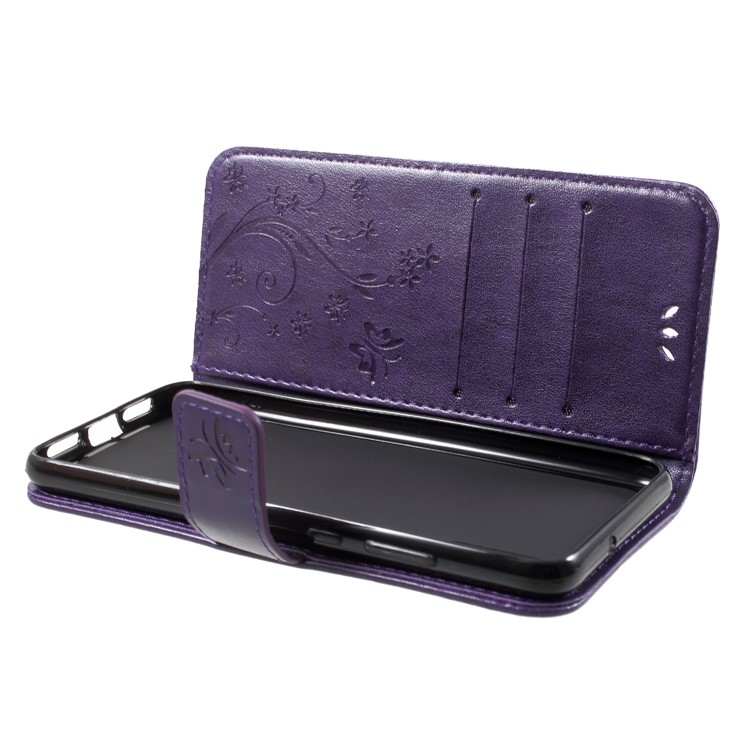 Imprint Flower Butterfly Pattern Wallet Leather Magnetic Folio Casing for Huawei P20 - Dark Purple-6