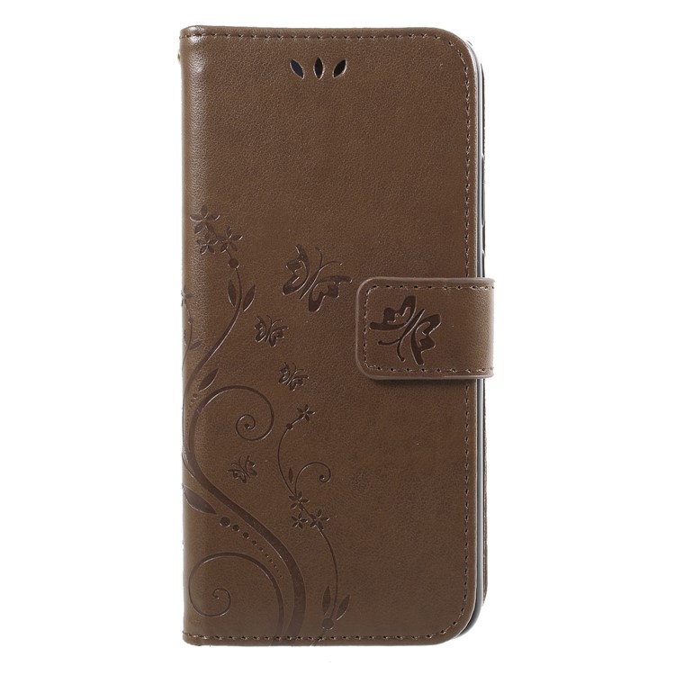 For Huawei P20 Imprint Flower Butterfly Pattern Stand Wallet PU Leather Case Shell - Brown-1