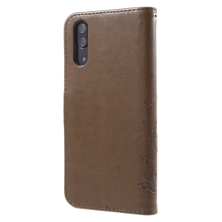 For Huawei P20 Imprint Flower Butterfly Pattern Stand Wallet PU Leather Case Shell - Brown-2