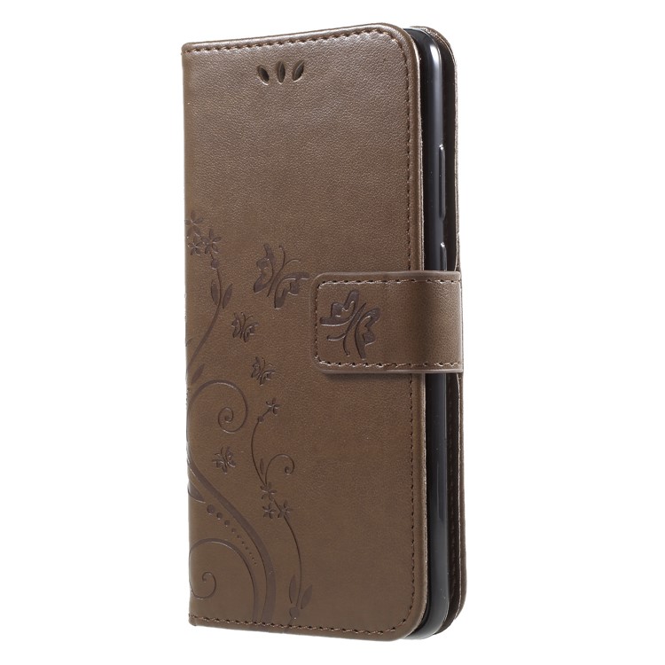For Huawei P20 Imprint Flower Butterfly Pattern Stand Wallet PU Leather Case Shell - Brown-3