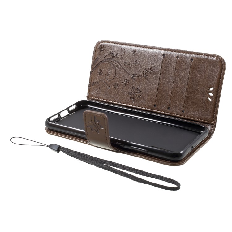 For Huawei P20 Imprint Flower Butterfly Pattern Stand Wallet PU Leather Case Shell - Brown-6
