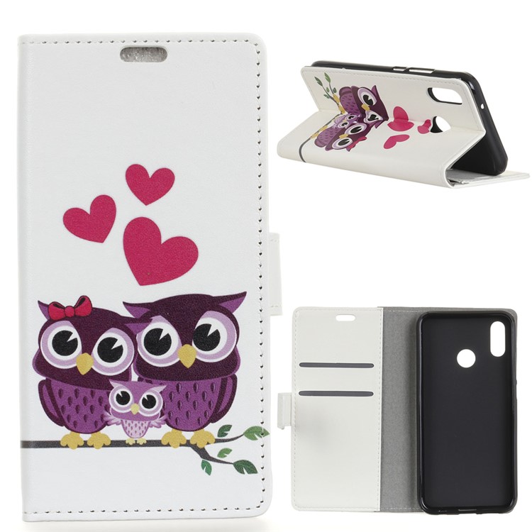 Pattern Printing Stand Leather Wallet Mobile Case for Huawei P20 Lite/Nova 3e - Sweet Owl Family-1