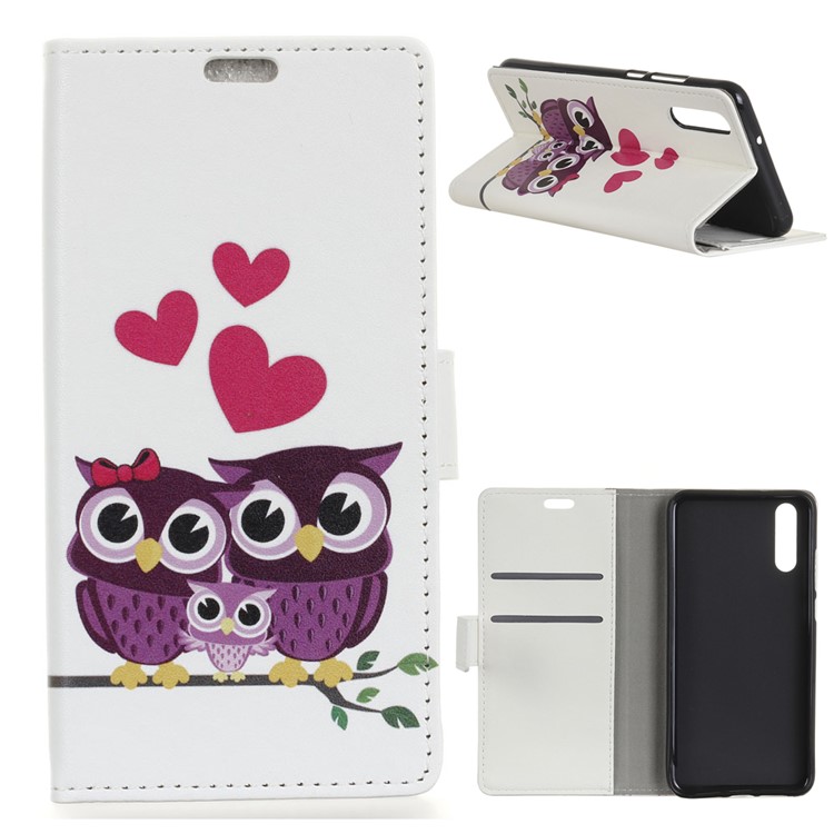 Pattern Printing Leather Wallet Mobile Case for Huawei P20 Pro - Sweet Owl Family-1