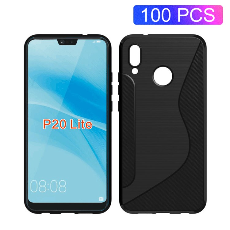 100Pcs/Set Carbon Fiber Brushed S Shape TPU Case for Huawei P20 Lite/Nova 3e - Black-1