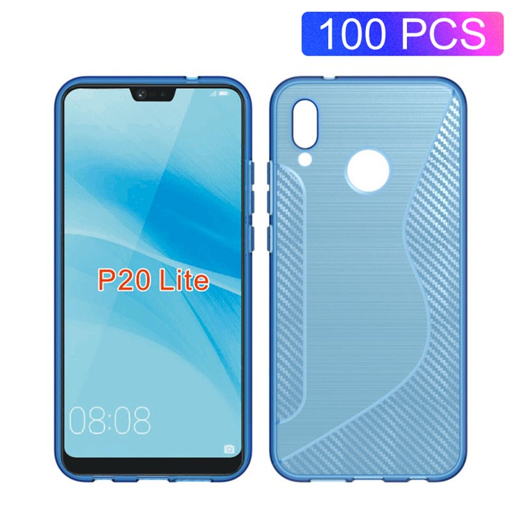 100Pcs/Set Carbon Fiber Brushed S Shape TPU Casing for Huawei P20 Lite/Nova 3e - Blue-1