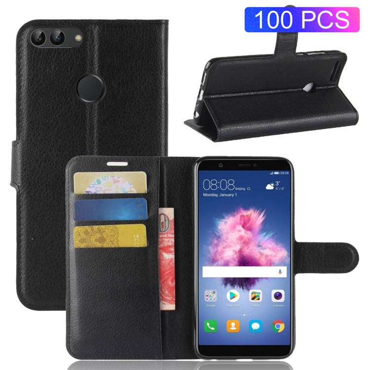 100Pcs/Set Litchi Texture Flip Leather Wallet Stand Case for Huawei P Smart / Enjoy 7S - Black-1