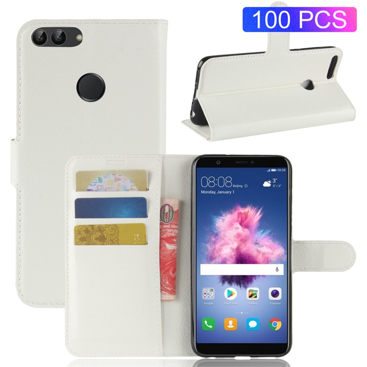 100Pcs/Set Litchi Texture Flip Leather Wallet Stand Cover for Huawei P Smart / Enjoy 7S - White-1