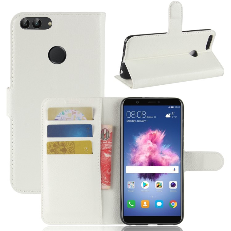 100Pcs/Set Litchi Texture Flip Leather Wallet Stand Cover for Huawei P Smart / Enjoy 7S - White-7