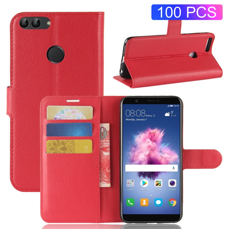100Pcs/Set Litchi Texture Flip Leather Wallet Stand Shell for Huawei P Smart / Enjoy 7S - Red-1