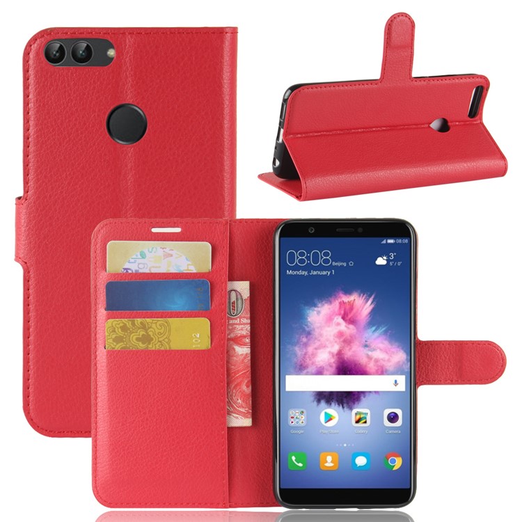 100Pcs/Set Litchi Texture Flip Leather Wallet Stand Shell for Huawei P Smart / Enjoy 7S - Red-7