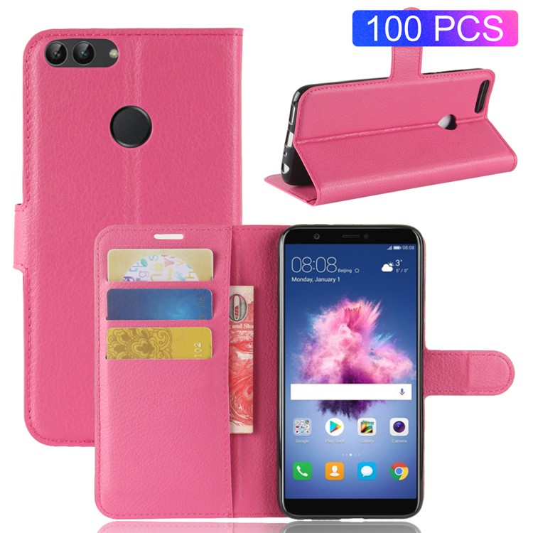 100Pcs/Set Litchi Texture Wallet Stand Leather Phone Case for Huawei P Smart / Enjoy 7S - Rose-1