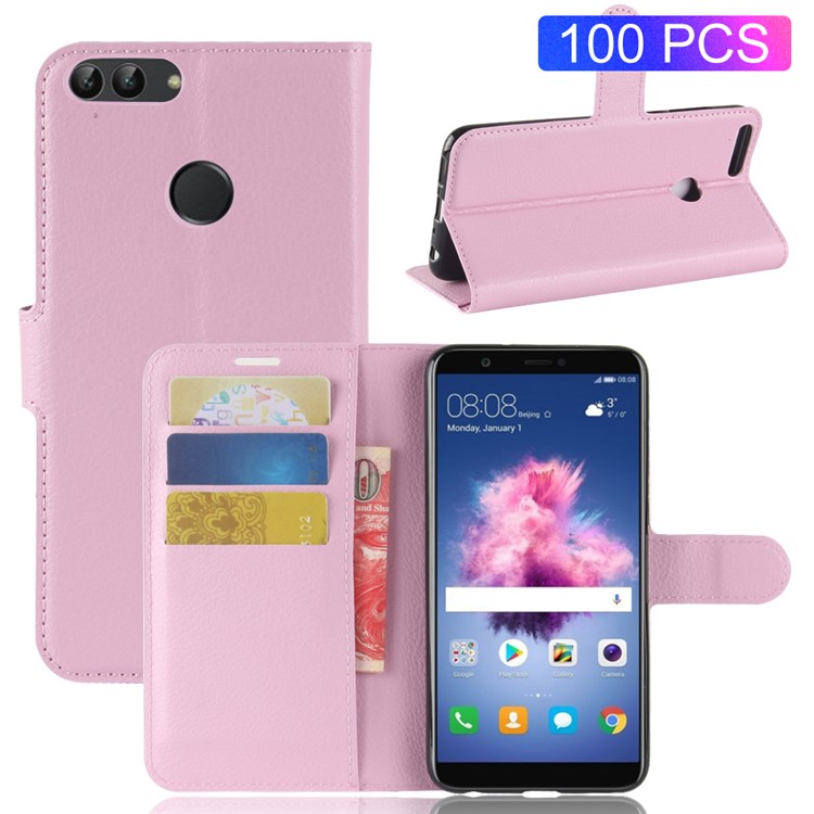 100Pcs/Set Litchi Texture Wallet Stand Leather Phone Cover for Huawei P Smart / Enjoy 7S - Pink-1