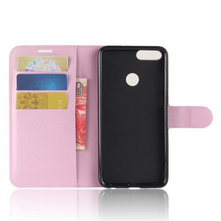 100Pcs/Set Litchi Texture Wallet Stand Leather Phone Cover for Huawei P Smart / Enjoy 7S - Pink-3