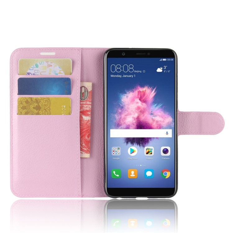 100Pcs/Set Litchi Texture Wallet Stand Leather Phone Cover for Huawei P Smart / Enjoy 7S - Pink-4