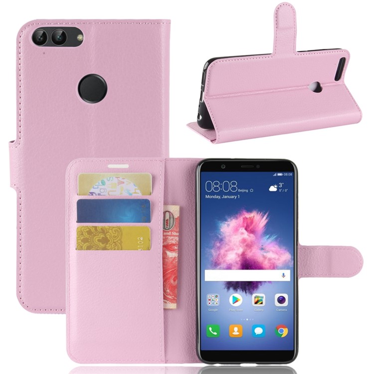100Pcs/Set Litchi Texture Wallet Stand Leather Phone Cover for Huawei P Smart / Enjoy 7S - Pink-7