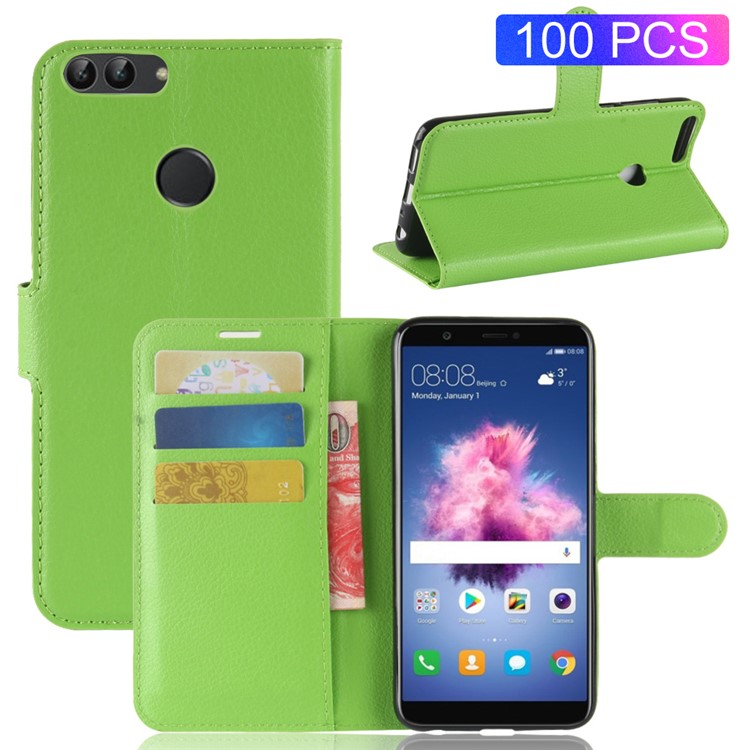 100Pcs/Set Litchi Texture Flip Leather Wallet Stand Mobile Case for Huawei P Smart / Enjoy 7S - Green-1