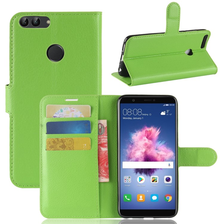 100Pcs/Set Litchi Texture Flip Leather Wallet Stand Mobile Case for Huawei P Smart / Enjoy 7S - Green-7