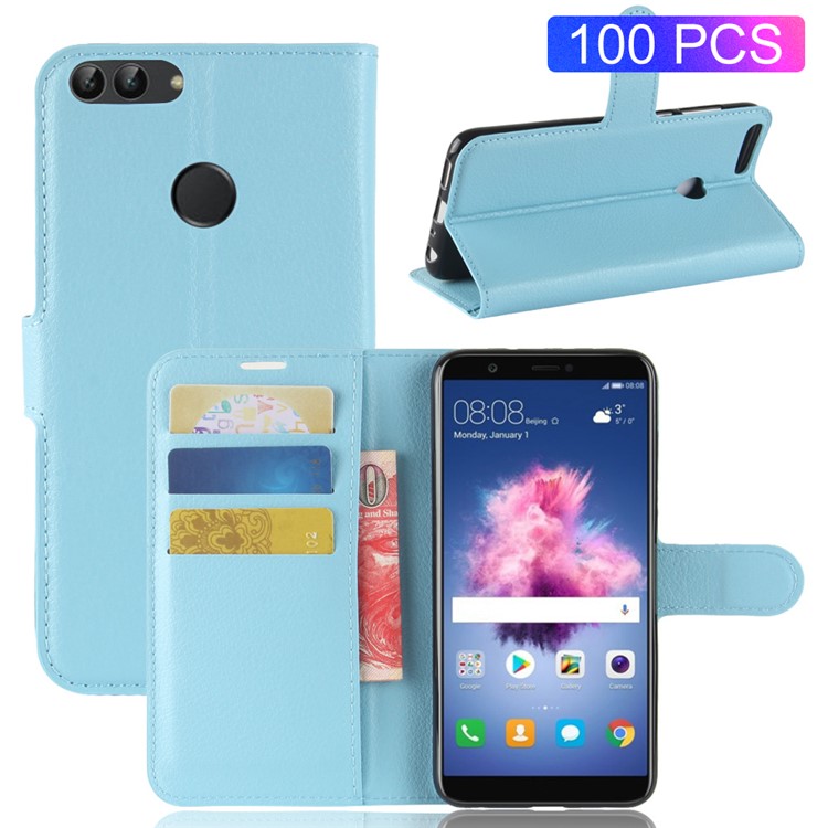 100Pcs/Set Litchi Texture Flip Leather Wallet Stand Mobile Casing for Huawei P Smart / Enjoy 7S - Blue-1