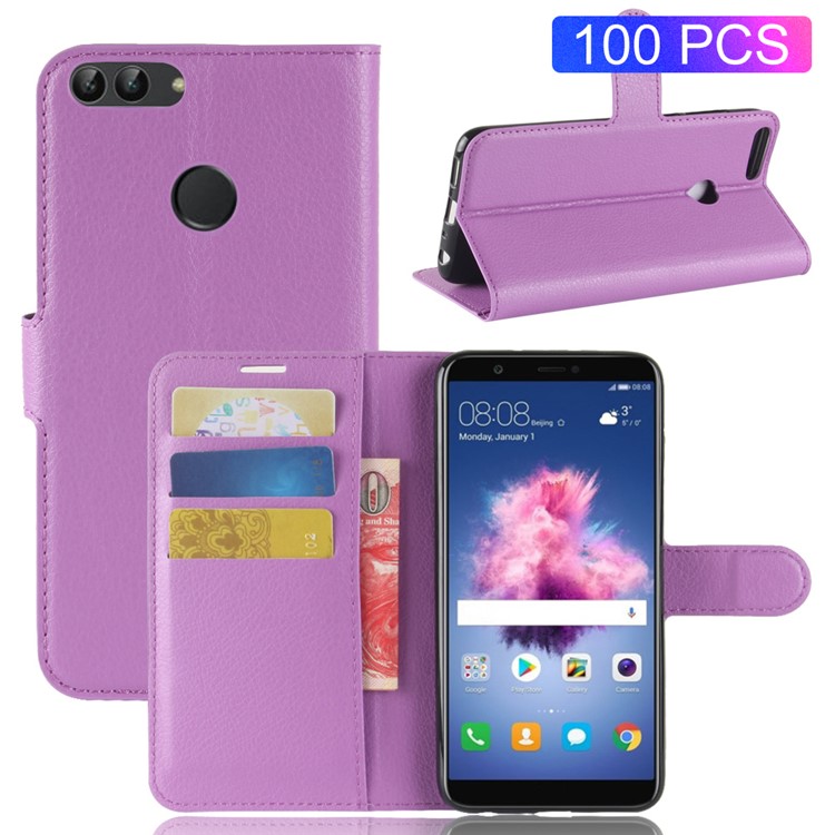 100Pcs/Set Litchi Texture PU Leather Wallet Case Accessory for Huawei P Smart / Enjoy 7S - Purple-1