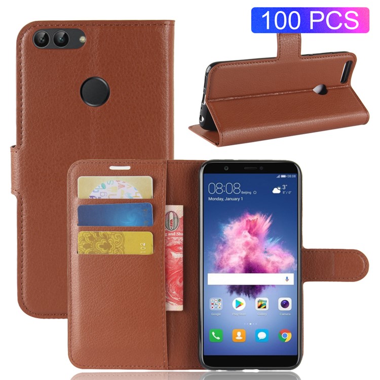 100Pcs/Set Litchi Texture Flip Leather Wallet Protector Cover for Huawei P Smart / Enjoy 7S - Brown-1