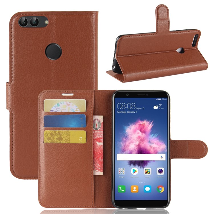 100Pcs/Set Litchi Texture Flip Leather Wallet Protector Cover for Huawei P Smart / Enjoy 7S - Brown-7