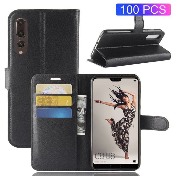 100Pcs/Set Litchi Grain Wallet Stand Leather Case for Huawei P20 Pro - Black-1