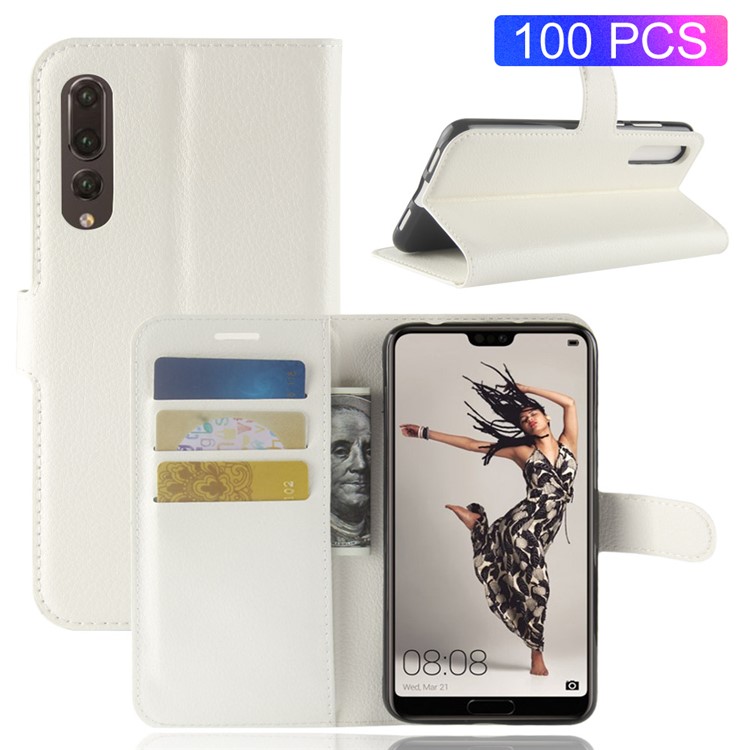 100Pcs/Set Litchi Grain Wallet Stand Leather Cover for Huawei P20 Pro - White-1
