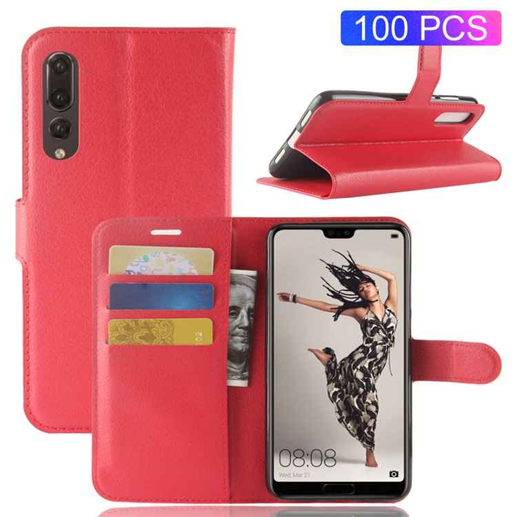 100Pcs/Set Litchi Grain Wallet Stand Leather Shell for Huawei P20 Pro - Red-1
