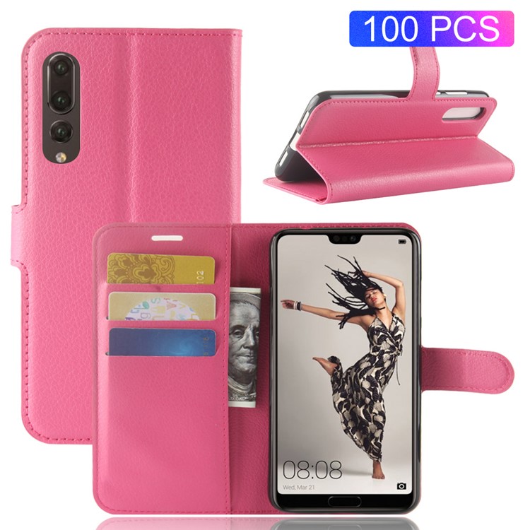 100Pcs/Set Litchi Grain Wallet Stand Leather Phone Case for Huawei P20 Pro - Rose-1