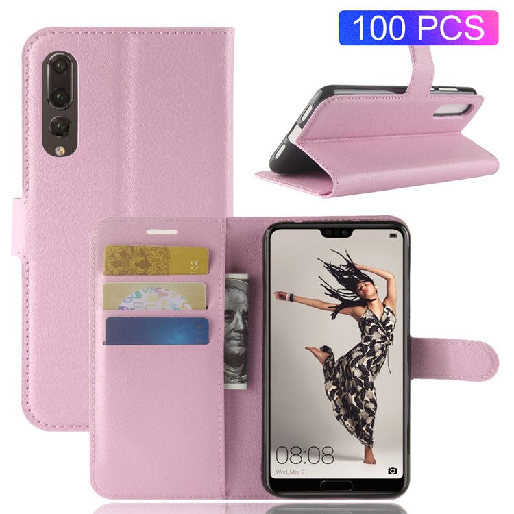 100Pcs/Set Litchi Grain Wallet Stand Leather Phone Cover for Huawei P20 Pro - Pink-1
