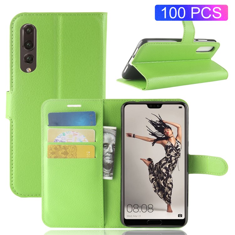 100Pcs/Set Litchi Grain Wallet Stand Leather Phone Shell for Huawei P20 Pro - Green-1