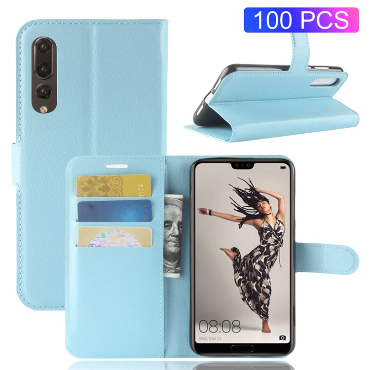 100Pcs/Set Litchi Grain Wallet Stand Leather Mobile Casing for Huawei P20 Pro - Blue-1