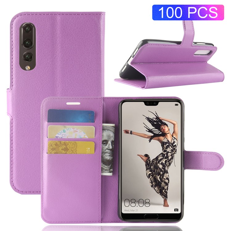 100Pcs/Set Litchi Grain Wallet Stand Leather Mobile Cover for Huawei P20 Pro - Purple-1