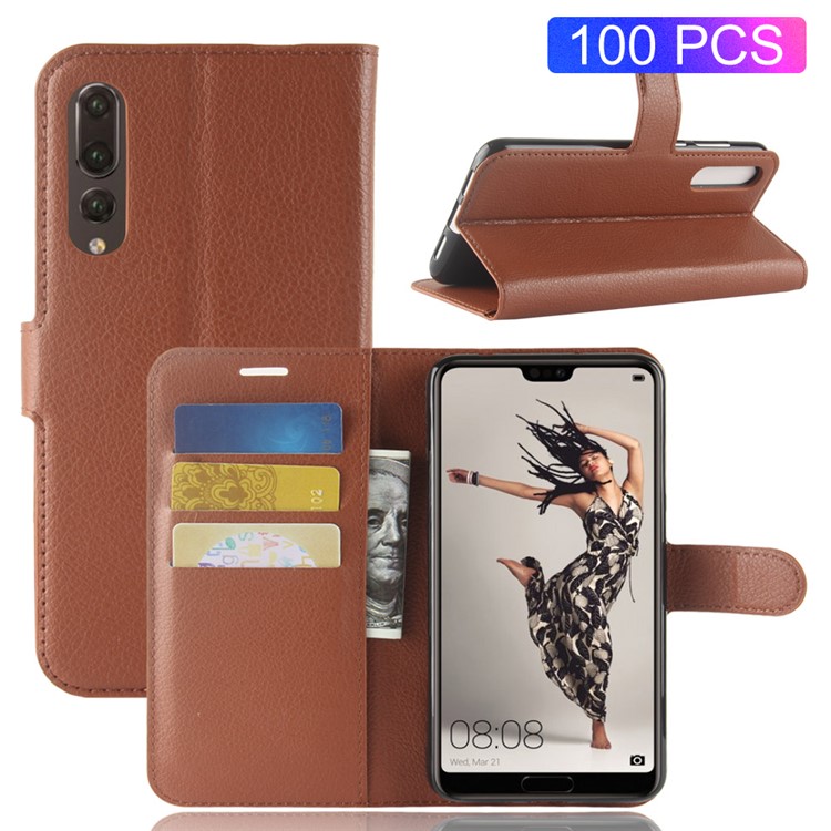 100Pcs/Set Litchi Grain Wallet Stand Leather Case Accessory for Huawei P20 Pro - Brown-1