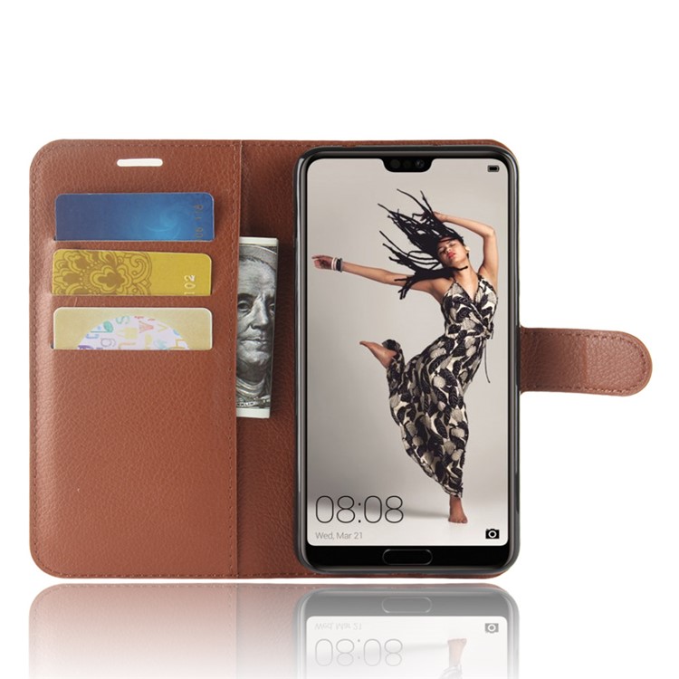 100Pcs/Set Litchi Grain Wallet Stand Leather Case Accessory for Huawei P20 Pro - Brown-4