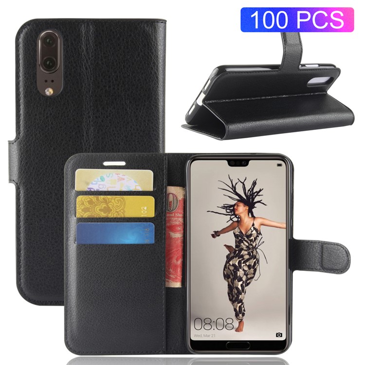 100Pcs/Set Litchi Texture Wallet Stand Leather Case for Huawei P20 - Black-1