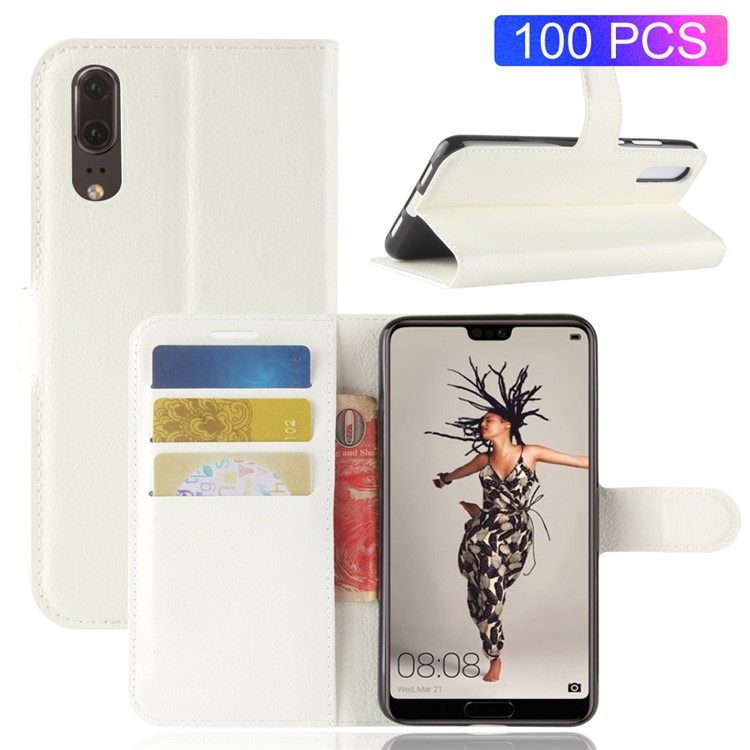 100Pcs/Set Litchi Texture Wallet Stand Leather Cover for Huawei P20 - White-1