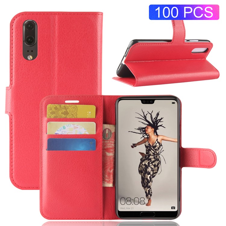 100Pcs/Set Litchi Texture Wallet Stand Leather Shell for Huawei P20 - Red-1