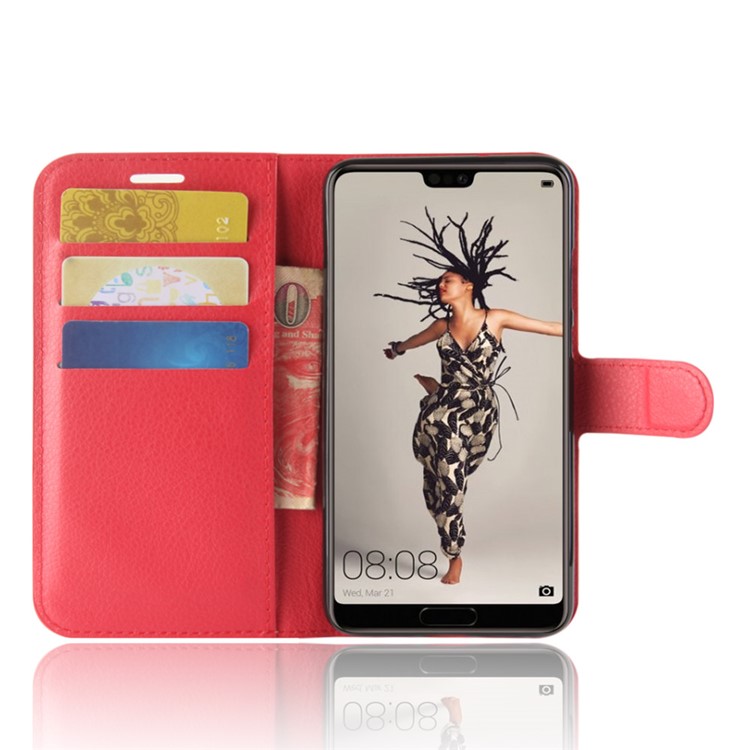 100Pcs/Set Litchi Texture Wallet Stand Leather Shell for Huawei P20 - Red-4