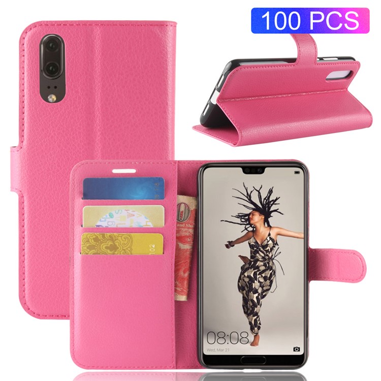 100Pcs/Set Litchi Texture Wallet Stand Leather Phone Case for Huawei P20 - Rose-1