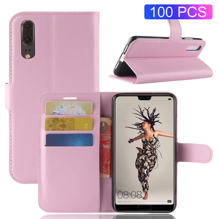 100Pcs/Set Litchi Texture Wallet Stand Leather Phone Cover for Huawei P20 - Pink-1