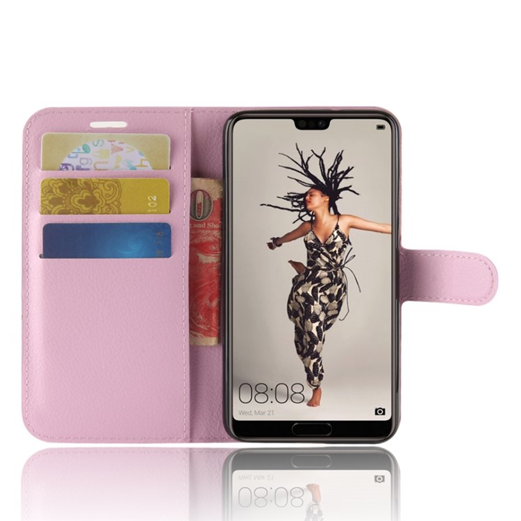 100Pcs/Set Litchi Texture Wallet Stand Leather Phone Cover for Huawei P20 - Pink-4