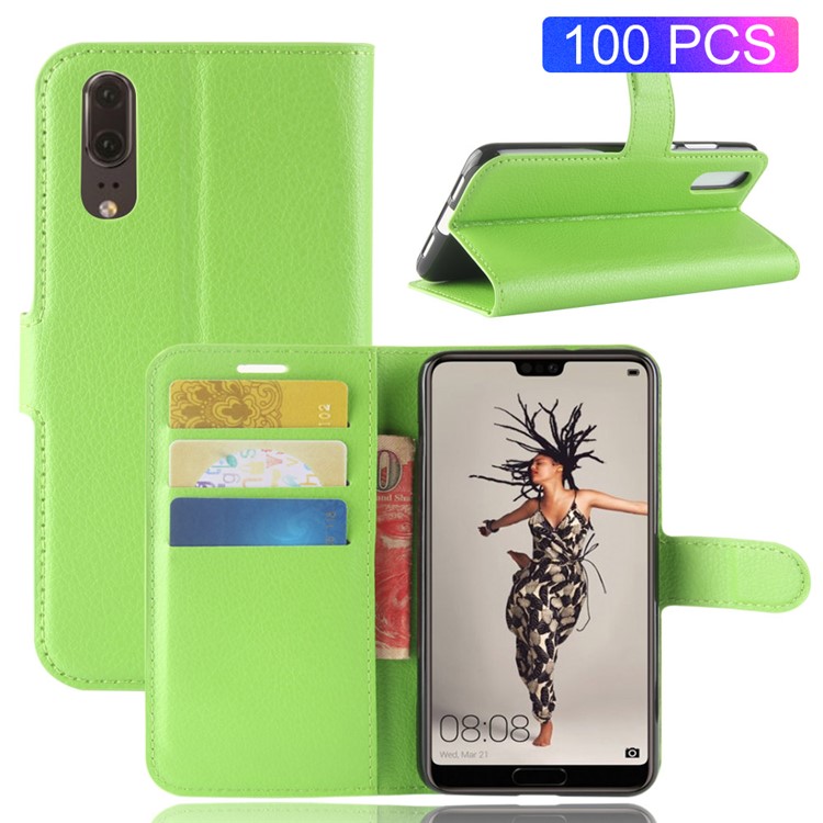 100Pcs/Set Litchi Texture Wallet Stand Leather Mobile Shell for Huawei P20 - Green-1