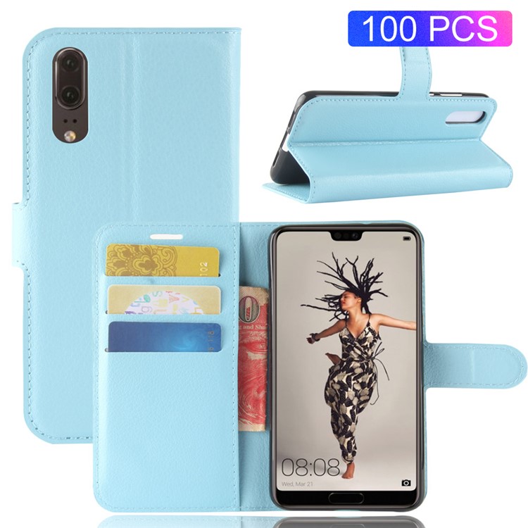 100Pcs/Set Litchi Texture Wallet Stand Leather Mobile Case for Huawei P20 - Blue-1