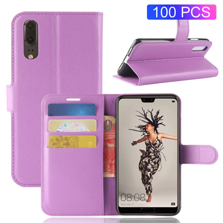 100Pcs/Set Litchi Texture Wallet Stand Leather Mobile Cover for Huawei P20 - Purple-1