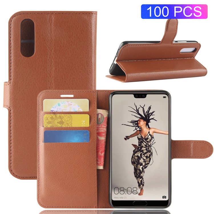 100Pcs/Set Litchi Texture Wallet Stand Leather Case Accessory for Huawei P20 - Brown-1