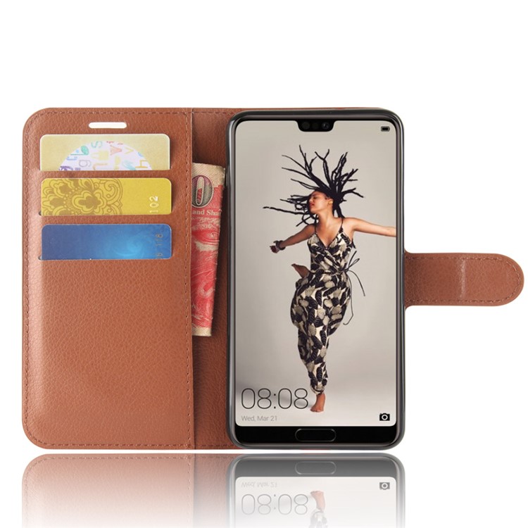 100Pcs/Set Litchi Texture Wallet Stand Leather Case Accessory for Huawei P20 - Brown-4