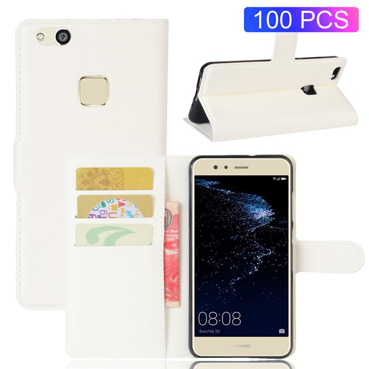 100Pcs/Set Litchi Texture Wallet Stand PU Leather Cover for Huawei P10 Lite - White-1
